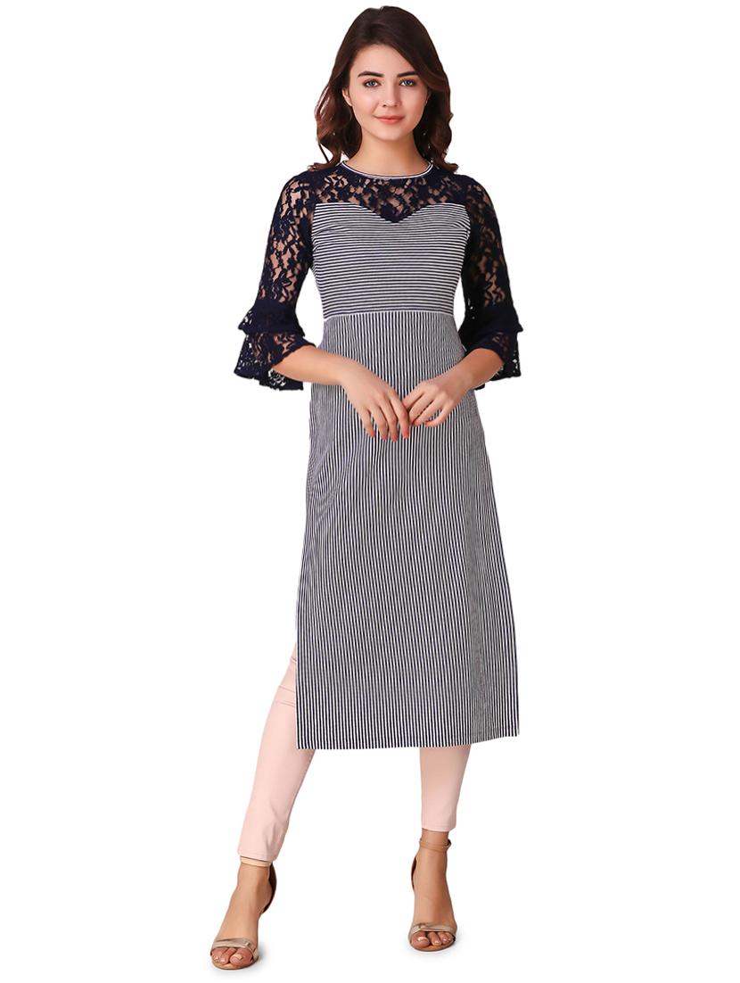 high slit stripes bell sleeves kurta - 15903838 - Zoom Image - 0