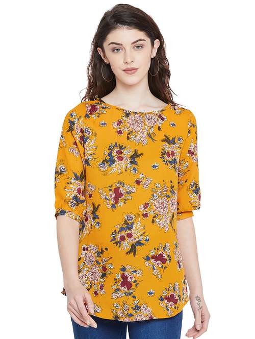 orange round neck floral print regular tunic - 15904249 -  Standard Image - 0