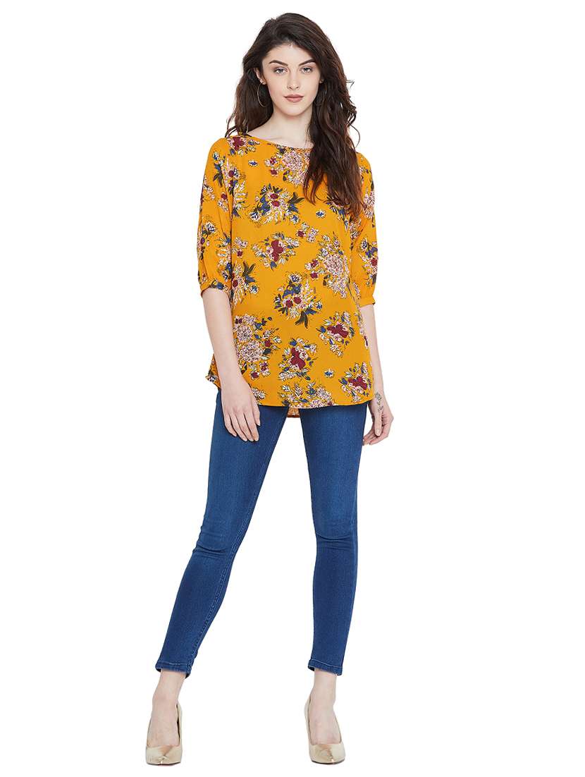 orange round neck floral print regular tunic - 15904249 - Standard Image - 3