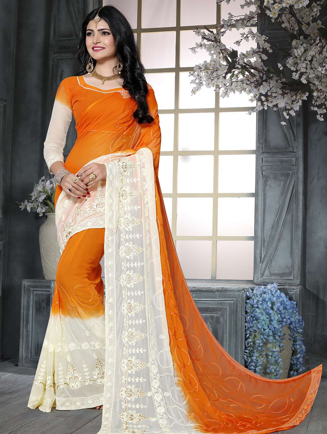 ombre embroidered orange saree with blouse