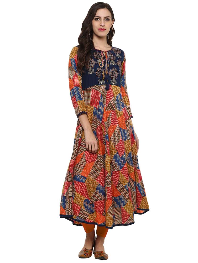a-line printed kurta with tassels