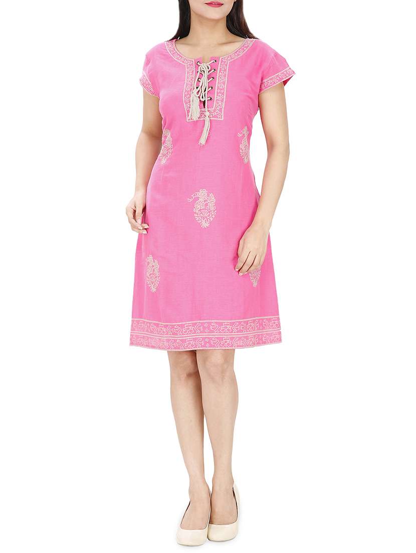 lace up detail embroidered a-line dress - 15913017 - Zoom Image - 0