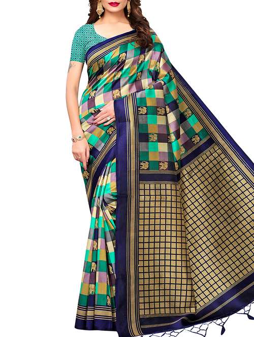 checkered printed saree with blouse - 15913294 - Standard Image - 0
