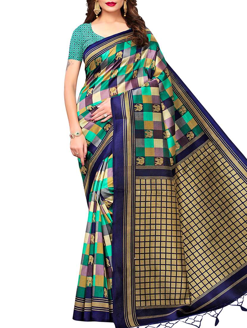 checkered printed saree with blouse - 15913294 - Zoom Image - 0