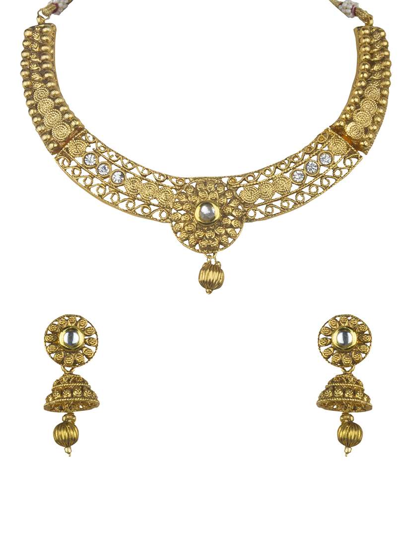 gold pleated brass choker necklaces with earring