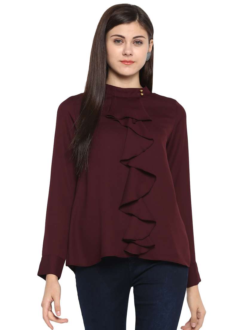 ruffle detail mandarin collar top