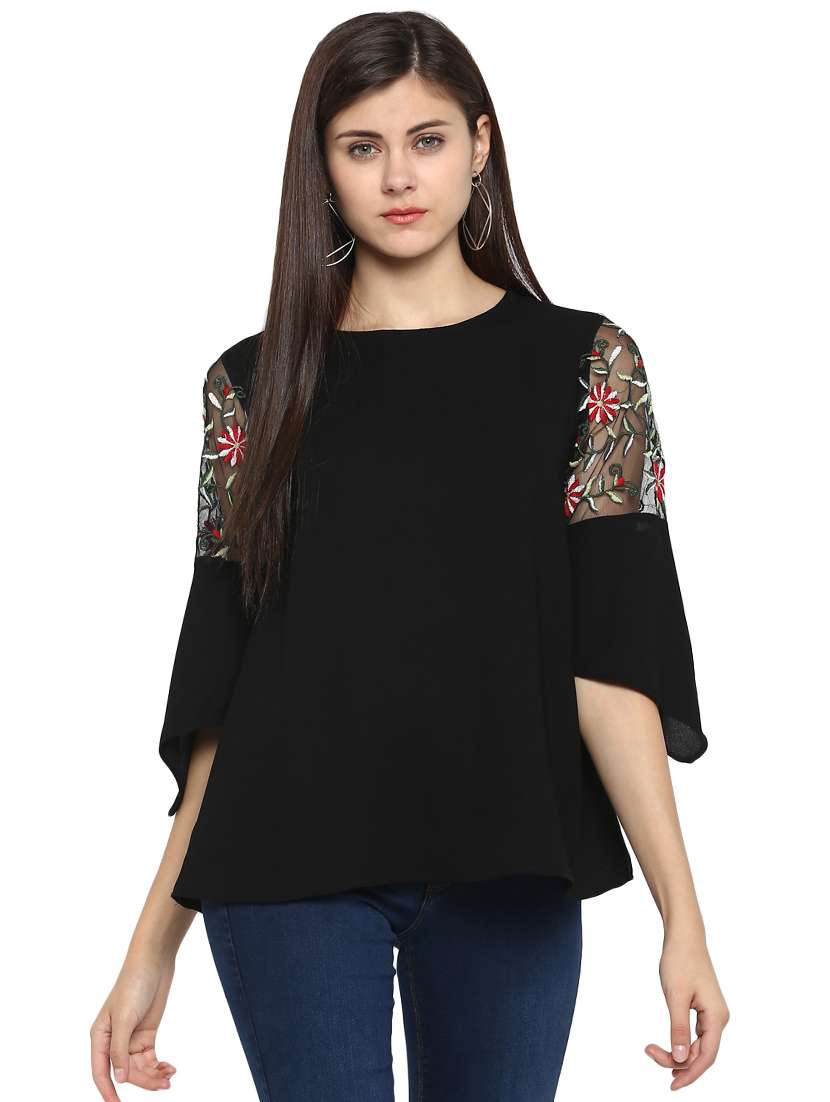 embroidered mesh styled sleeve top
