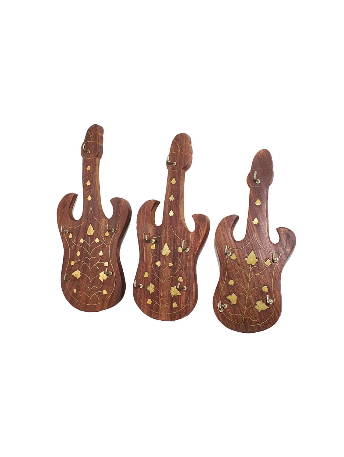 desi karigar brown wooden guitar key chain holder - set of 3