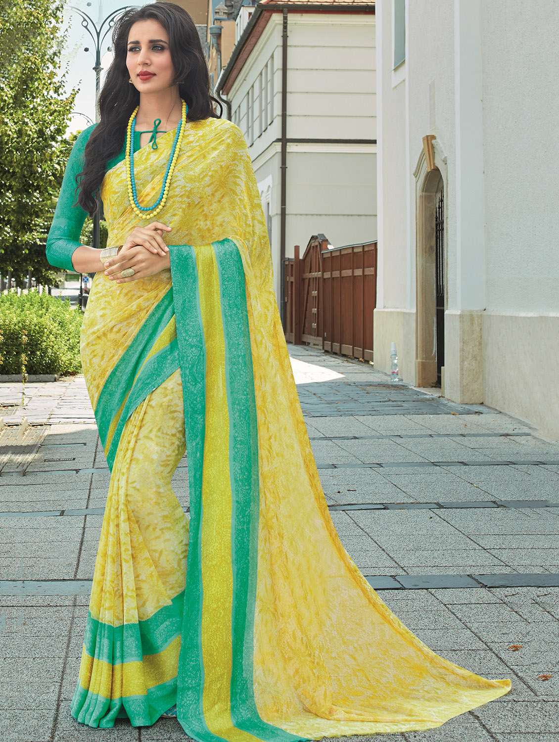floral printed yellow saree with blouse