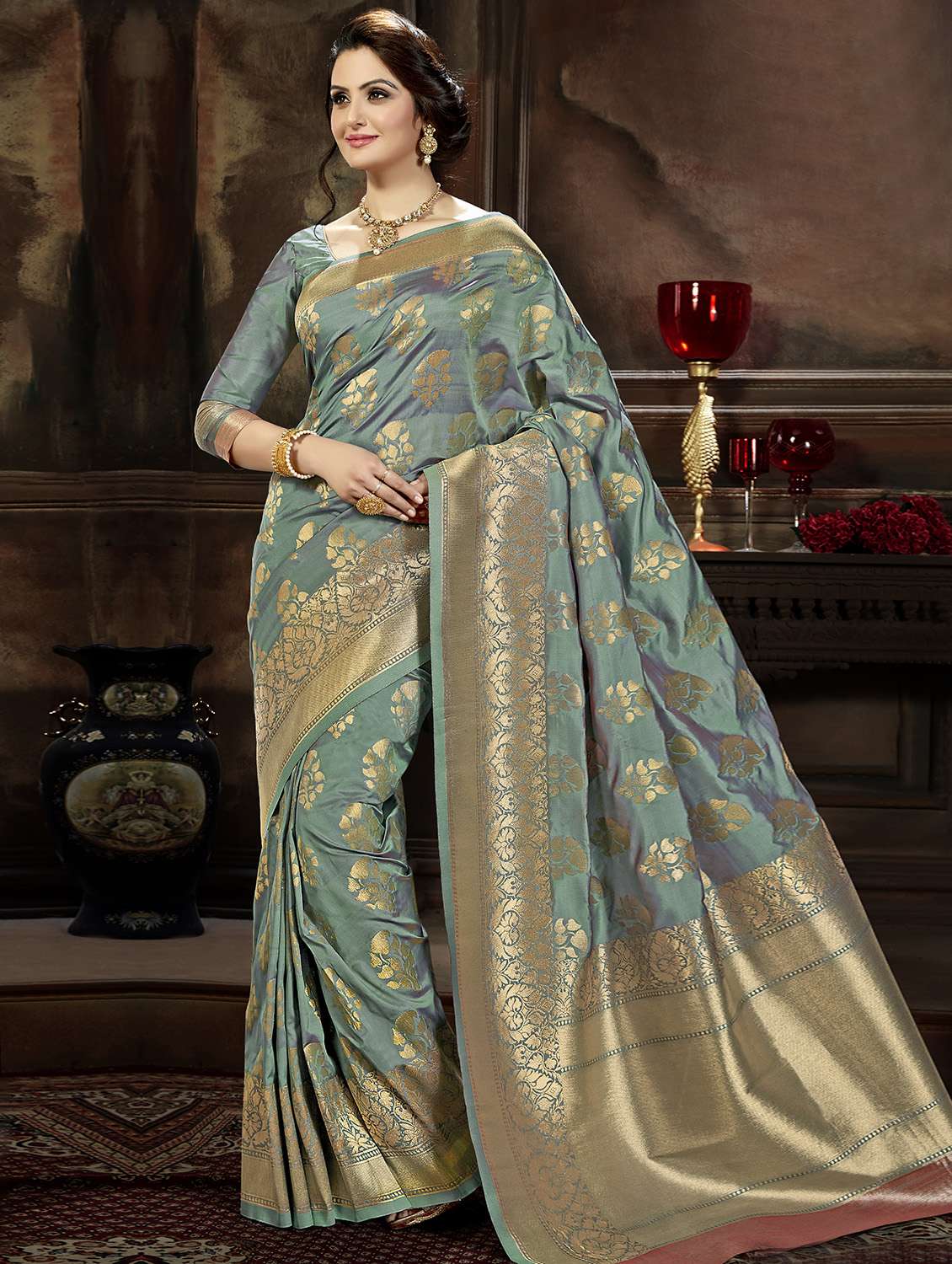 floral zari motif turquoise banarasi saree with blouse