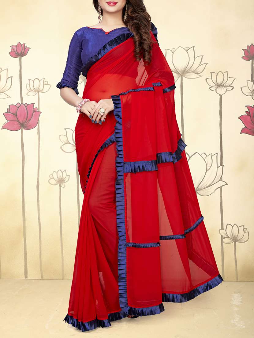 ruffle lace border red saree with blouse