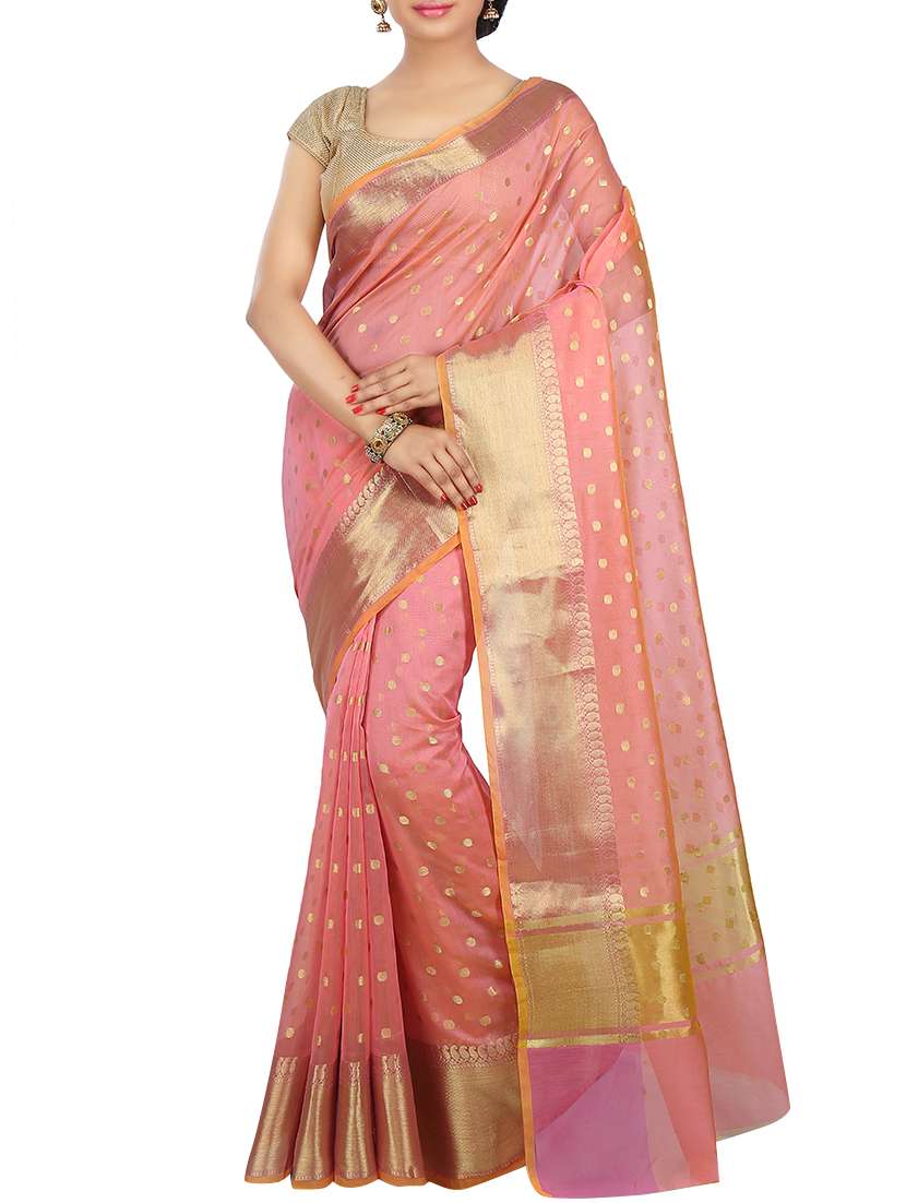 women's self design peach colored saree with blouse