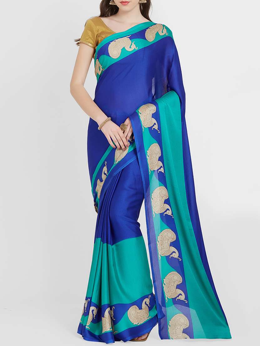 kalamkari border blue printed saree with blouse - 15926205 - Zoom Image - 0