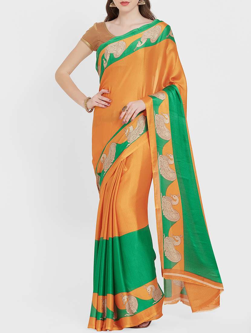 kalamkari border orange printed saree with blouse - 15926206 -  Zoom Image - 0