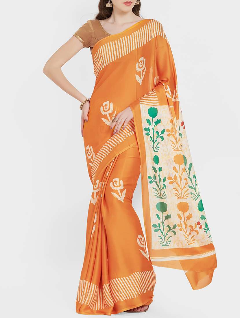 floral batik printed orange saree with blouse - 15926208 -  Zoom Image - 0