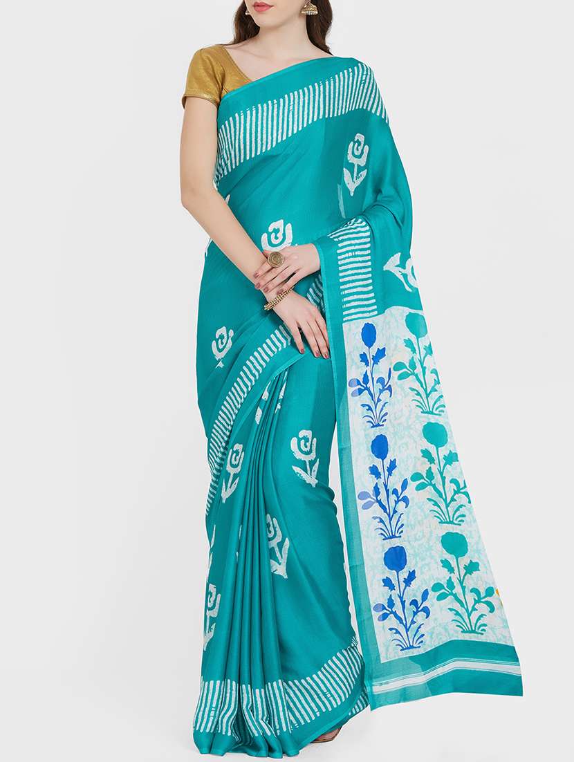 floral batik printed turquoise saree with blouse - 15926209 -  Zoom Image - 0