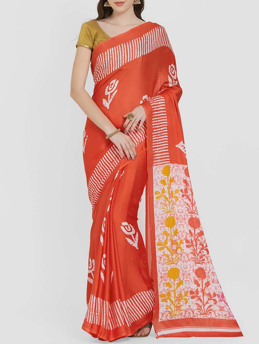 floral batik printed red saree with blouse - 15926211 - Zoom Image - 0
