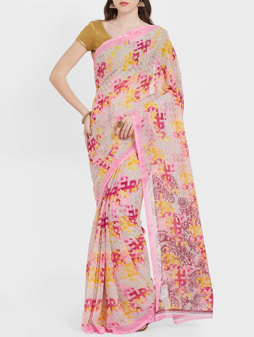 checkered print on print pink saree with blouse - 15926212 - Zoom Image - 0