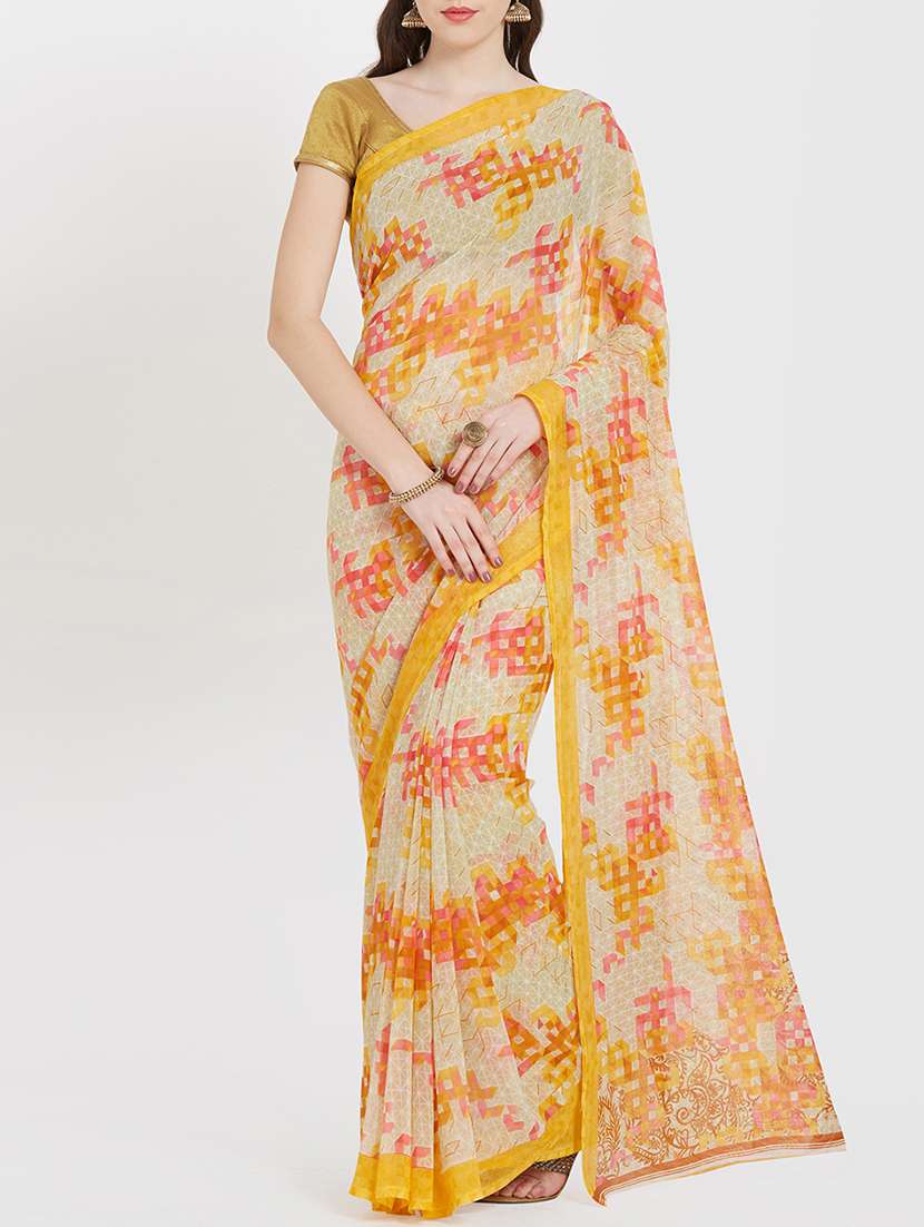 checkered print on print orange saree with blouse - 15926214 - Zoom Image - 0
