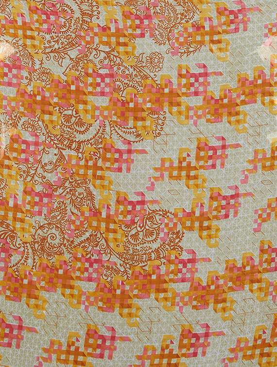 checkered print on print orange saree with blouse - 15926214 - Standard Image - 3
