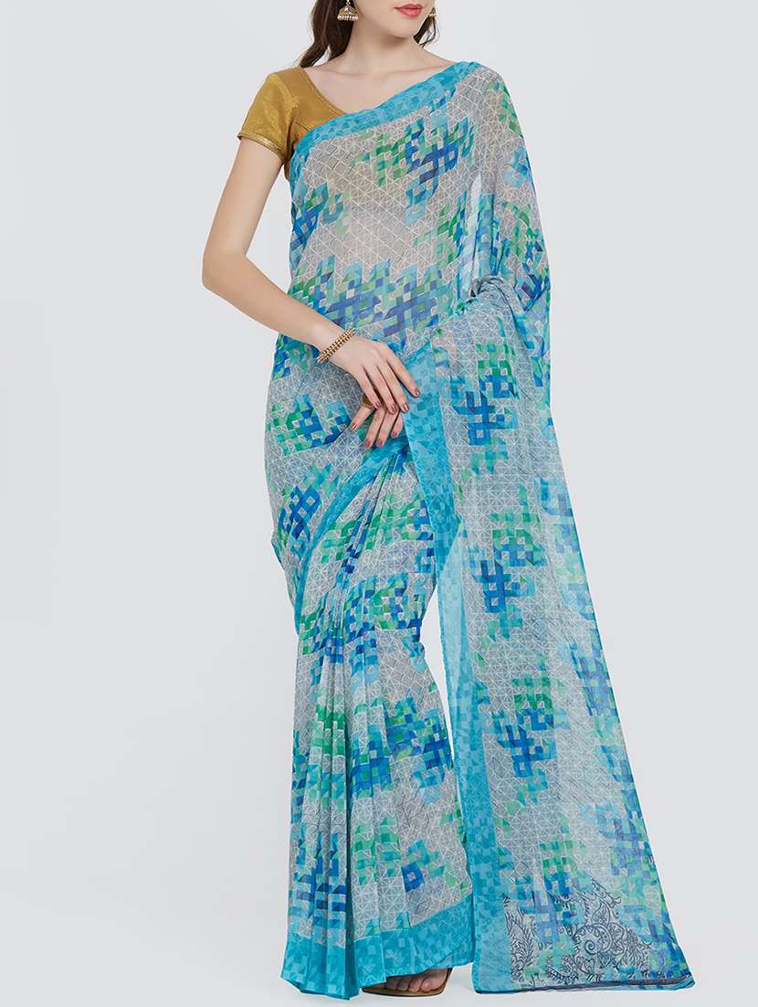 checkered print on print blue saree with blouse - 15926215 -  Zoom Image - 0
