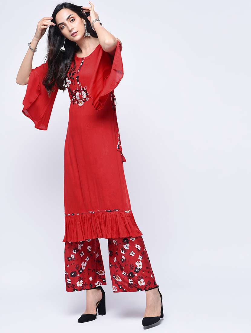 embroidered flare sleeved kurta with palazzo set