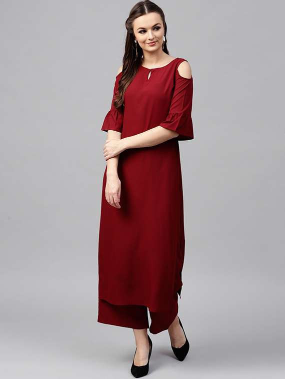burgundy straight cold shoulder kurta