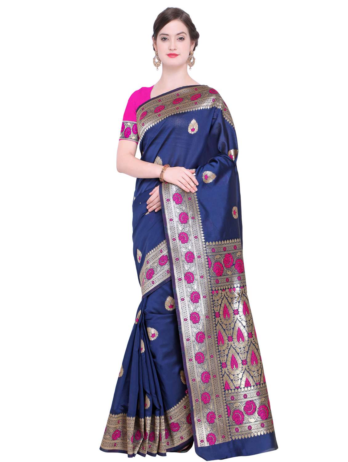 floral zari border navy blue banarasi saree with blouse
