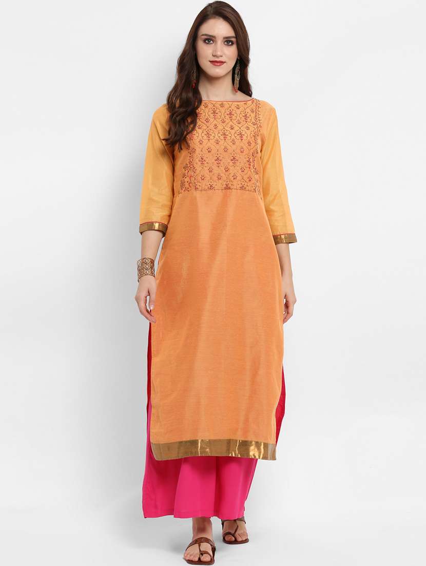 peach chanderi straight kurta