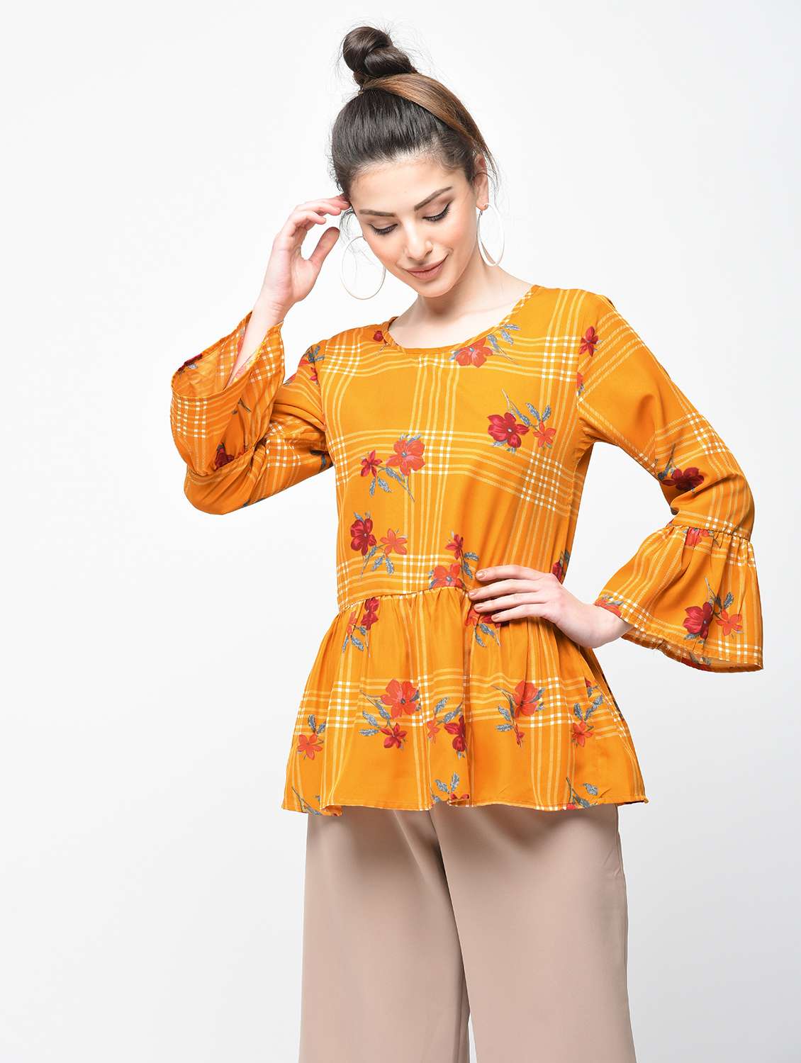 bell sleeved checkered floral top