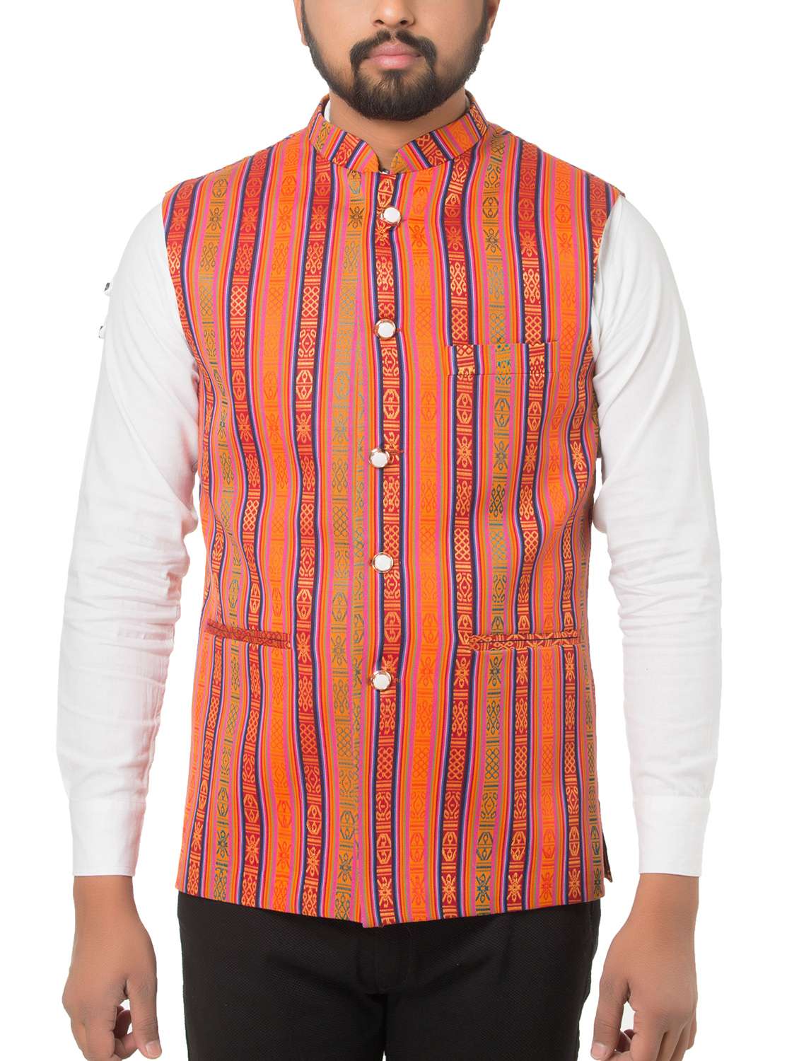 orange cotton blend nehru jacket - 15936711 -  Zoom Image - 0