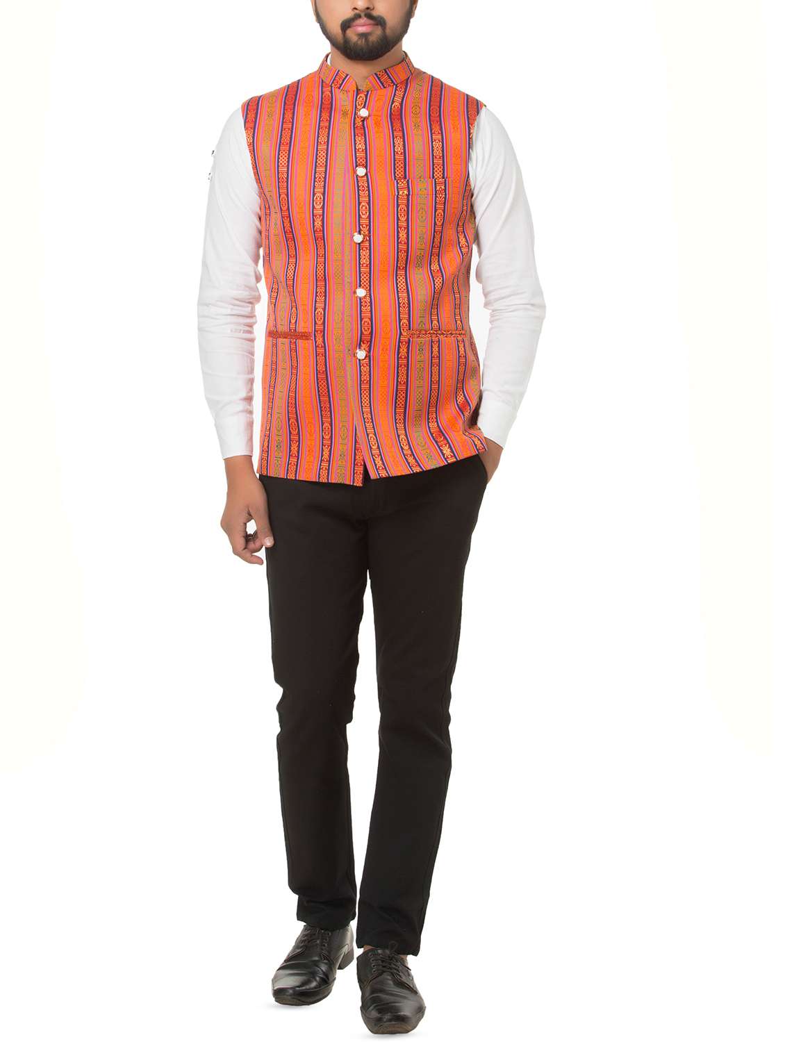 orange cotton blend nehru jacket - 15936711 - Standard Image - 3