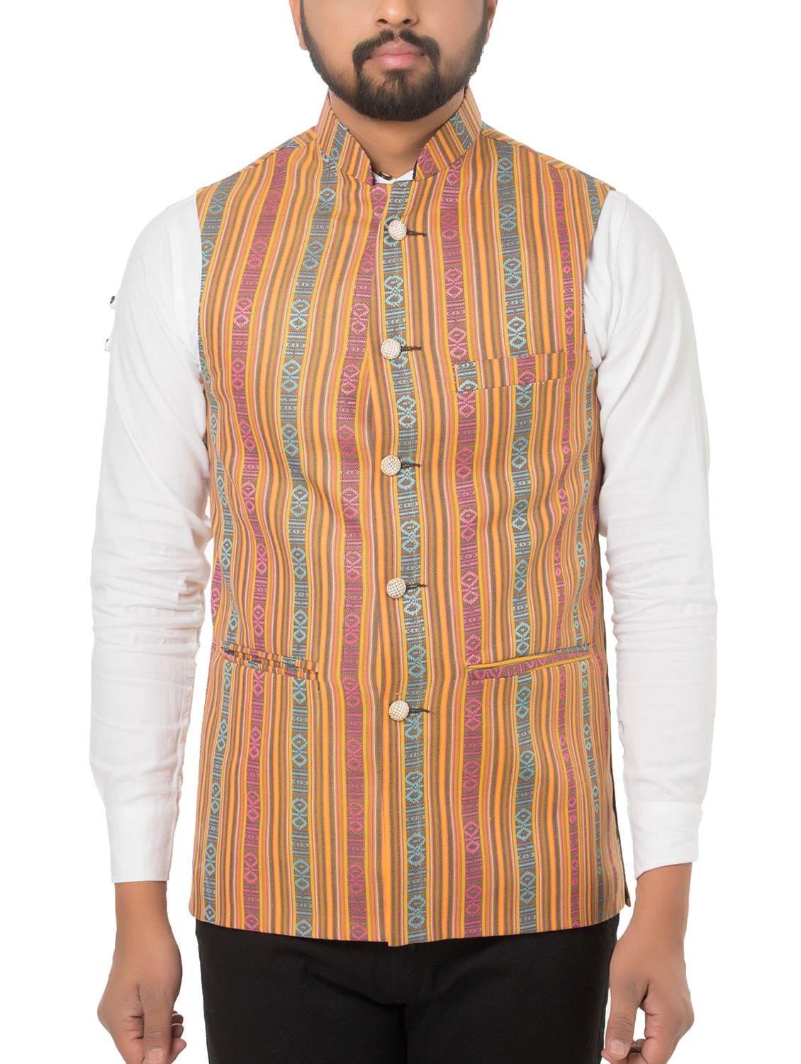 multi colored cotton blend nehru jacket - 15936717 -  Zoom Image - 0