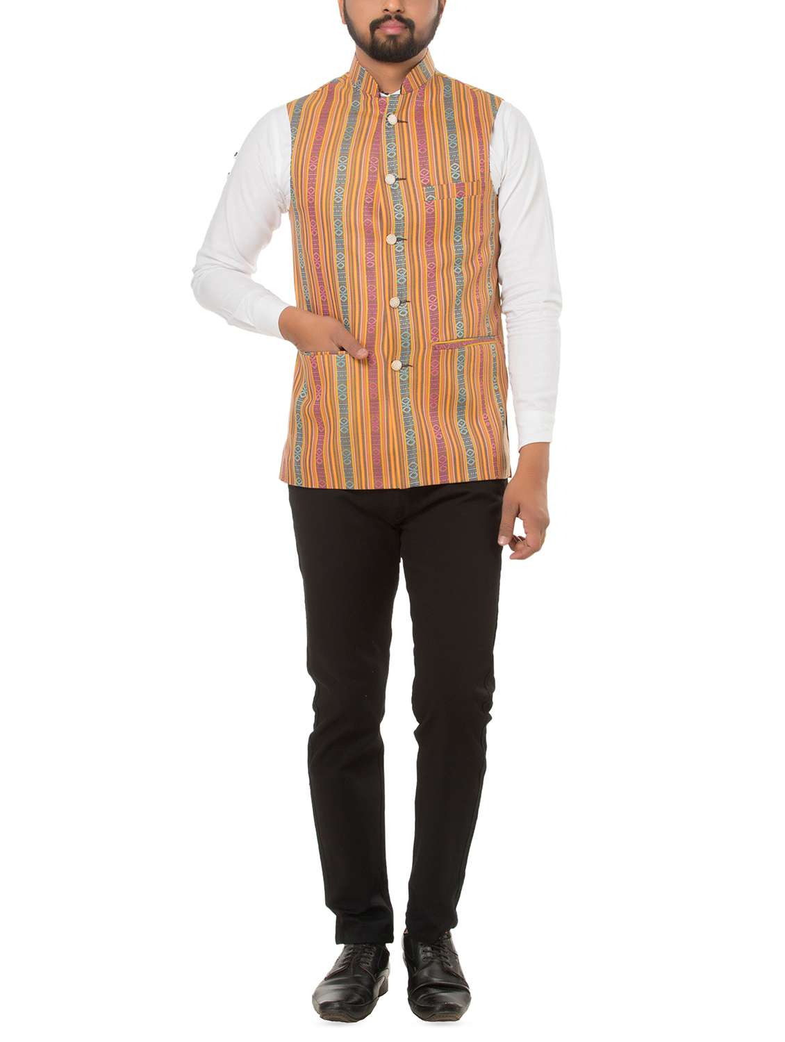 multi colored cotton blend nehru jacket - 15936717 - Standard Image - 3