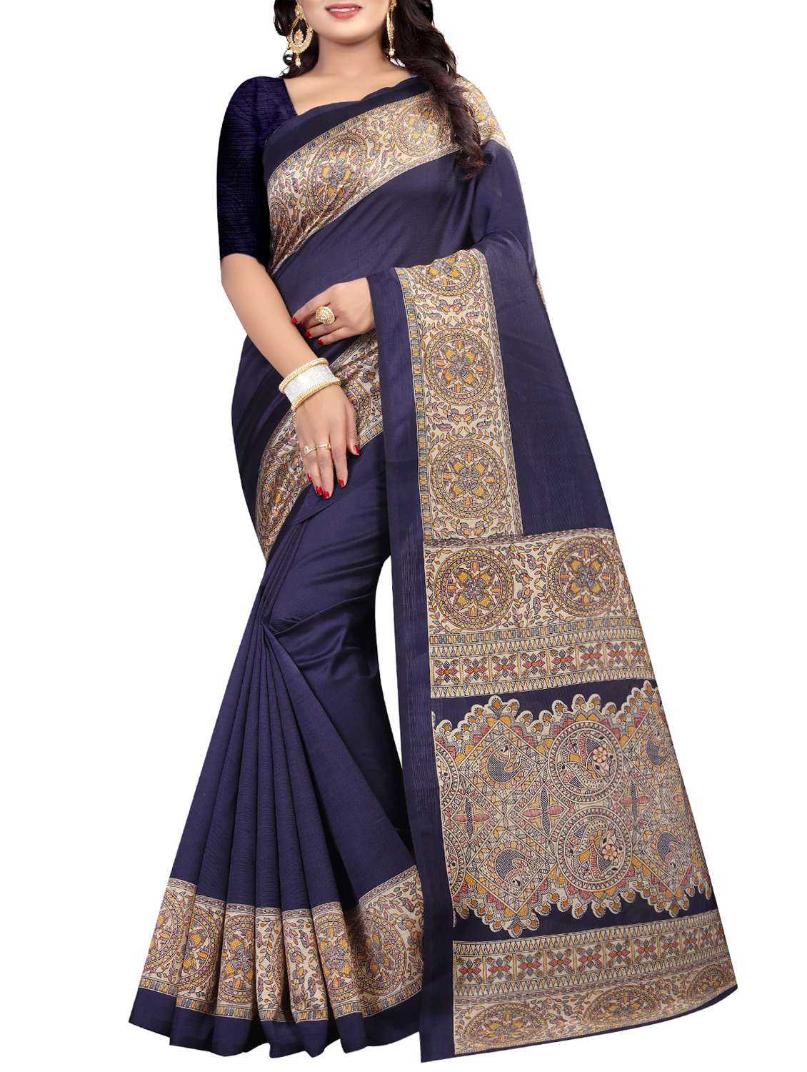 madhubani border navy mysore silk saree with blouse