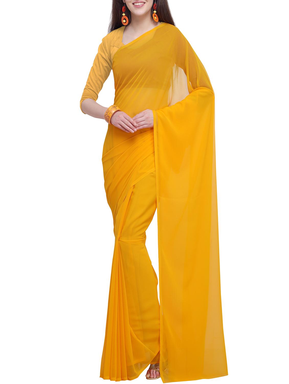 yellow chiffon plain saree with blouse - 15937543 - Zoom Image - 0