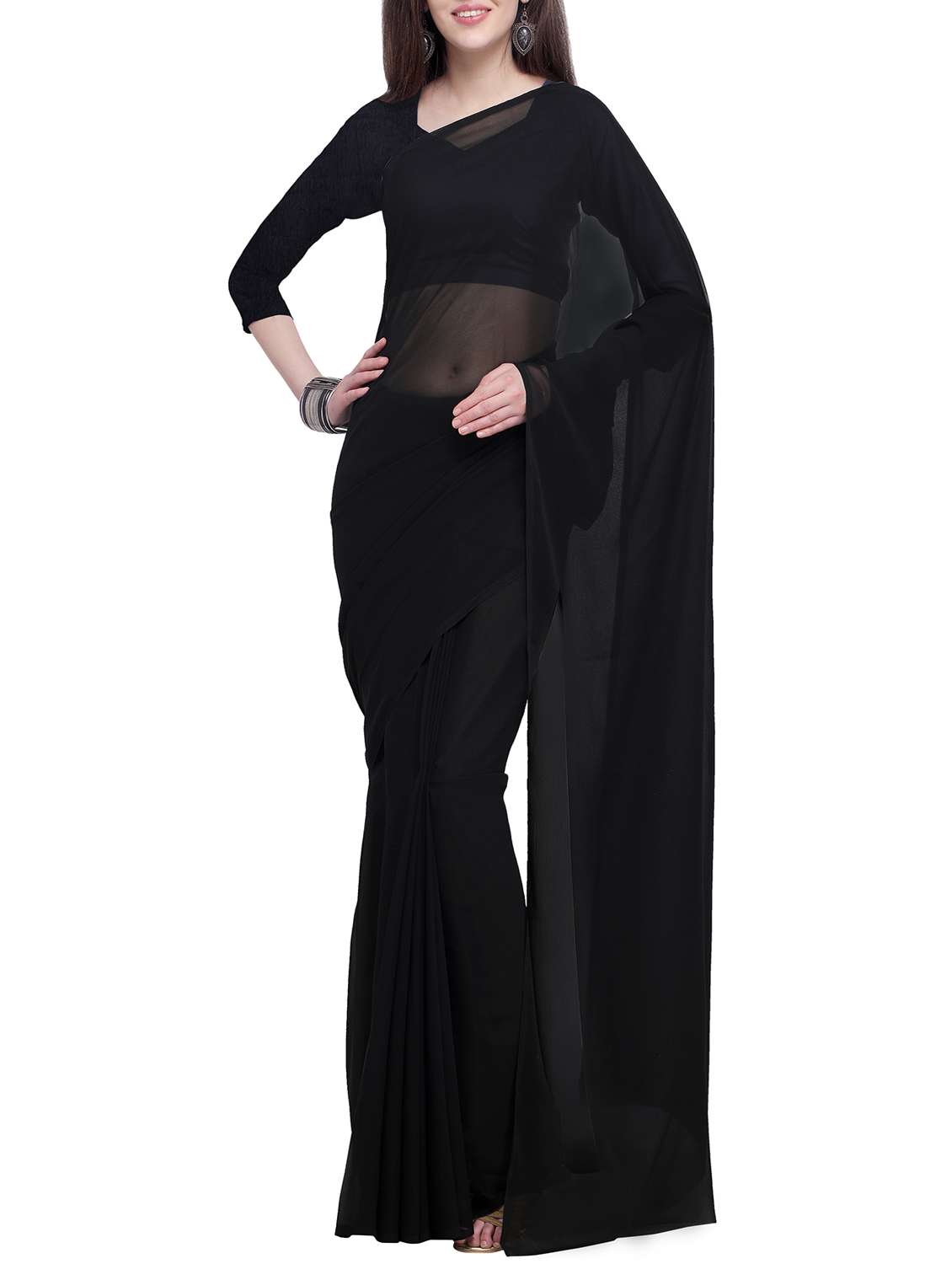 black chiffon plain saree with blouse - 15937548 - Zoom Image - 0