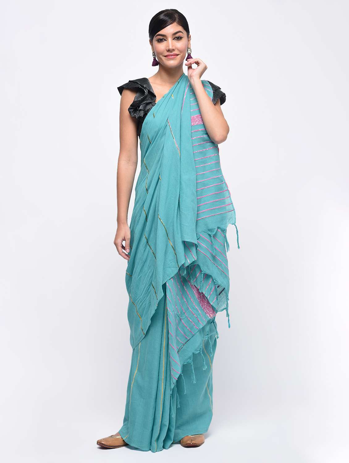striped pallu sky blue handloom saree