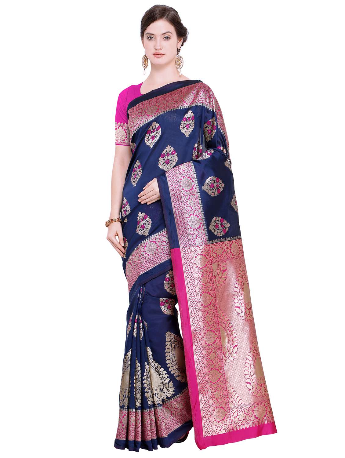 floral zari motif navy kanjivaram saree