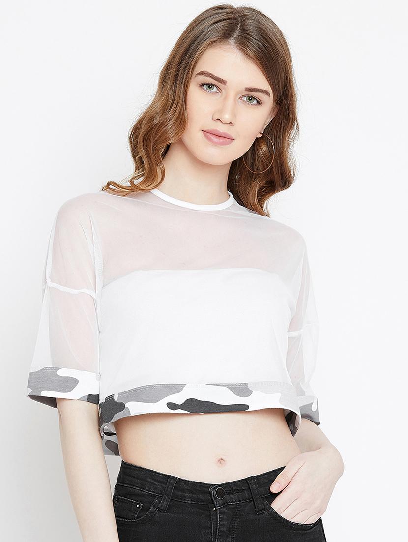 camouflage paneled sheer crop top - 15952183 -  Zoom Image - 0