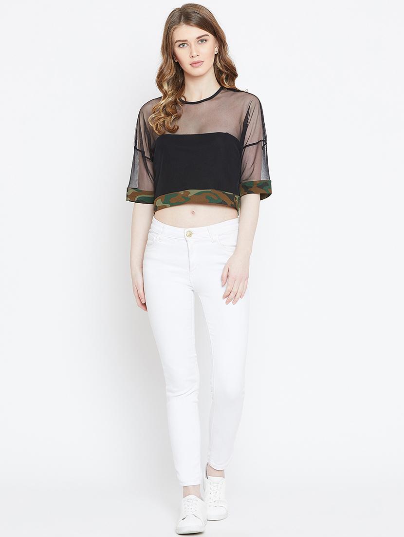 camouflage panel sheer crop top - 15952184 - Standard Image - 3