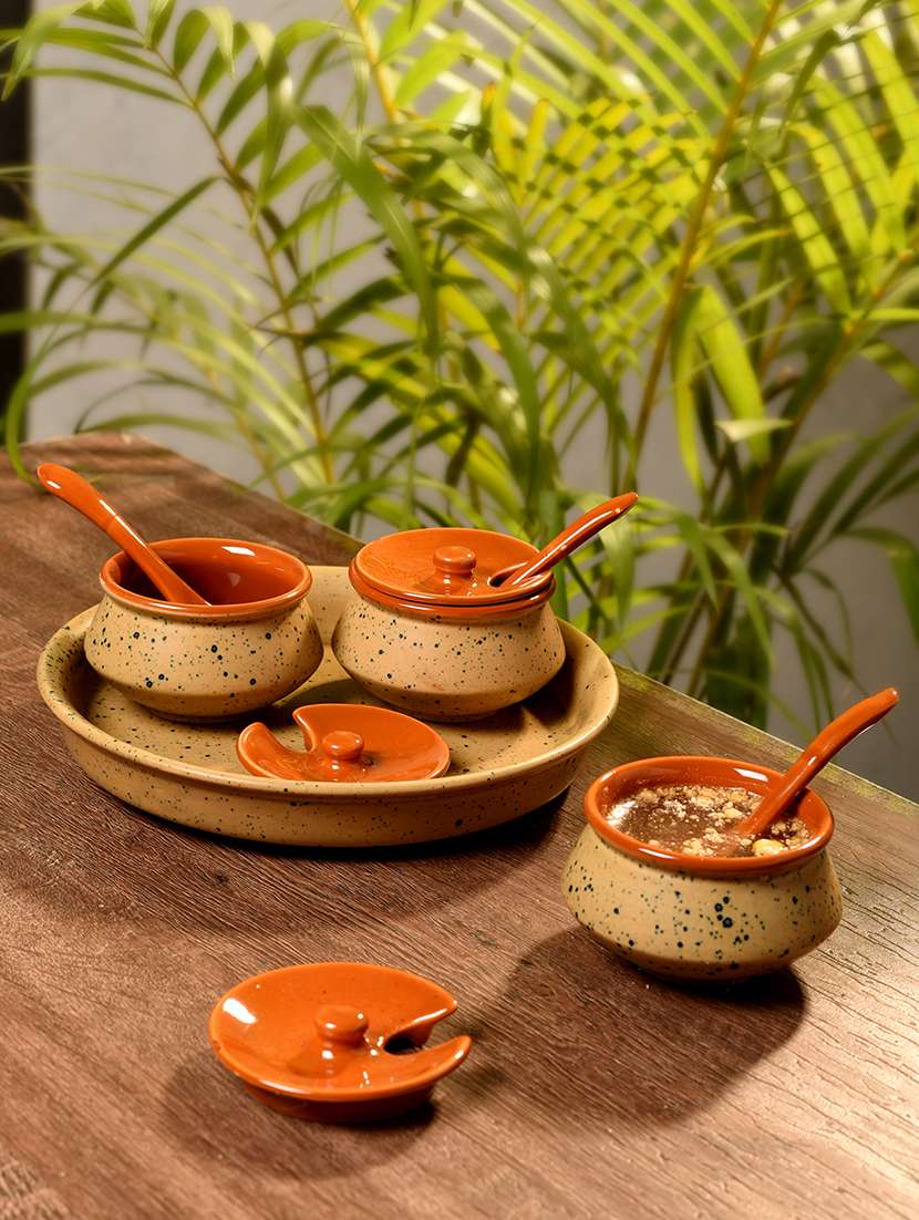 unravel india stoneware off-white chutney bowl set with base tray (set of 3) - 15953600 - Zoom Image - 0