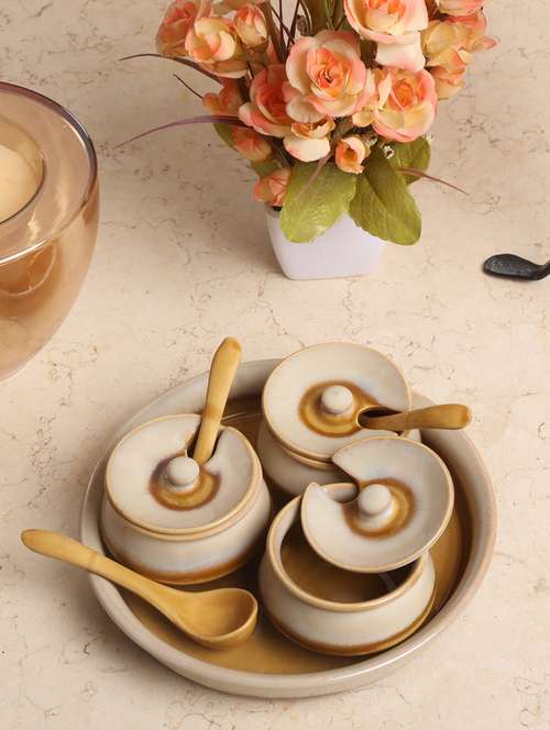 unravel india stoneware off-white chutney bowl set with base tray (set of 3) - 15953601 - Standard Image - 0