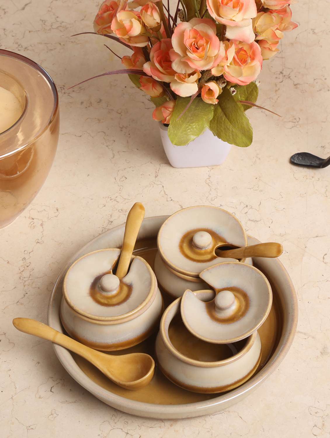 unravel india stoneware off-white chutney bowl set with base tray (set of 3) - 15953601 - Zoom Image - 0
