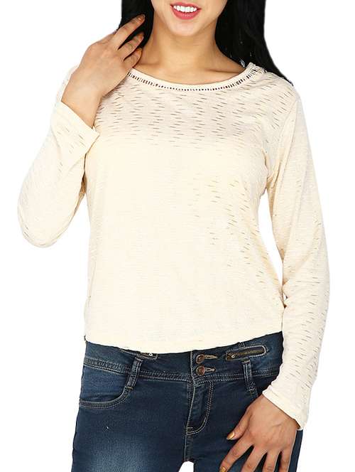 lace insert round neck top - 15953634 - Standard Image - 0
