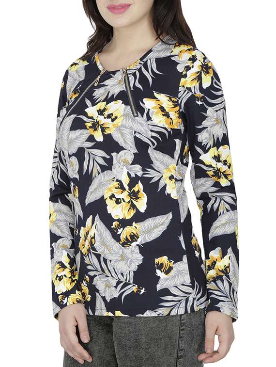 zipper detail floral top - 15953736 -  Zoom Image - 0