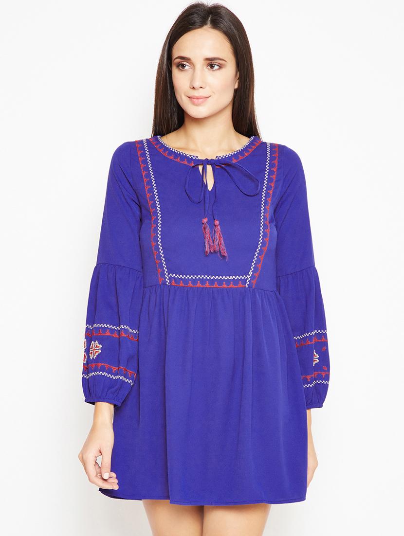 tie up neck embroidered a-line dress - 15956800 -  Zoom Image - 0