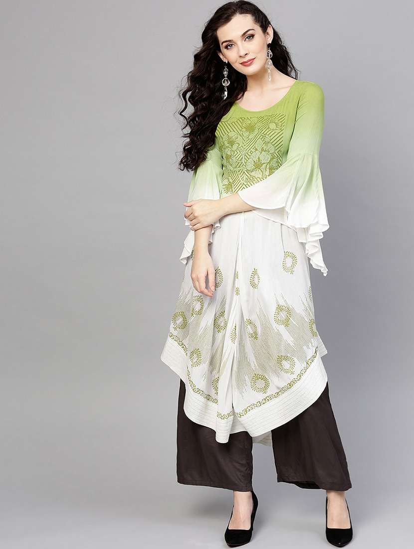printed bell sleeves asymmetric kurta