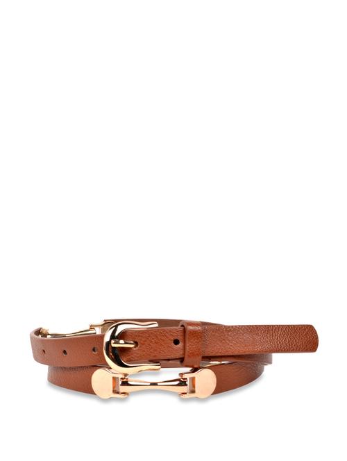 Sleek Belt With Copper Metal Buckles- Brown - Carlton London