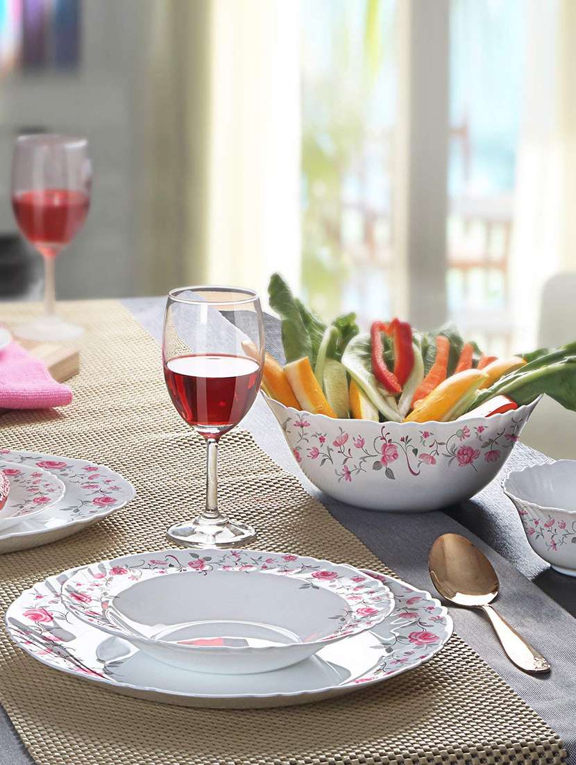 cello imperial red rose fantasy opalware dinner set, 19 pieces, white